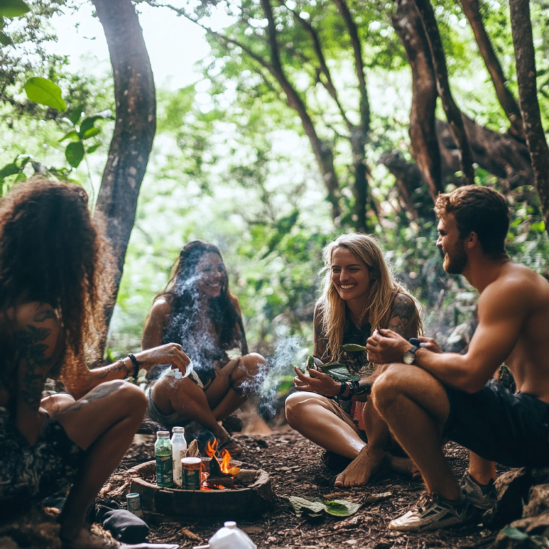 People camping enjoying Kratom around a bonfire