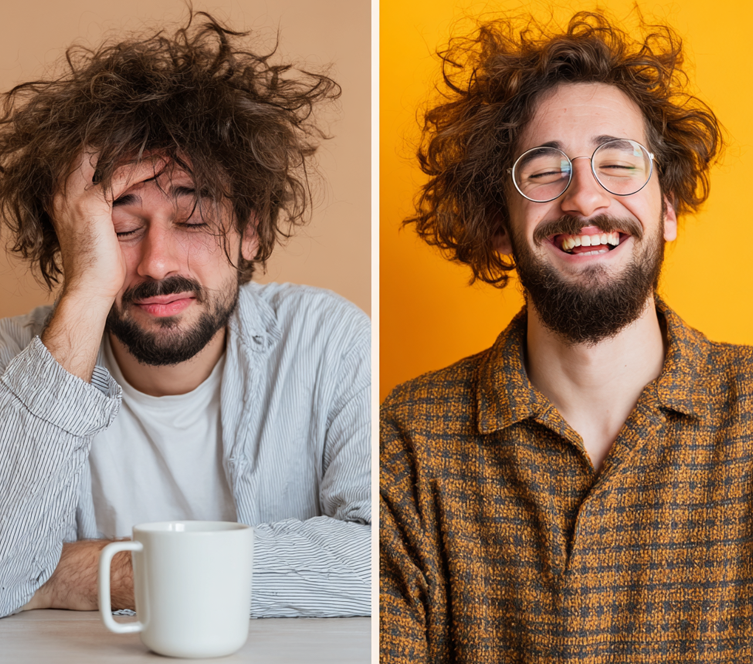 Man waking up hungover Vs. happy and healthy